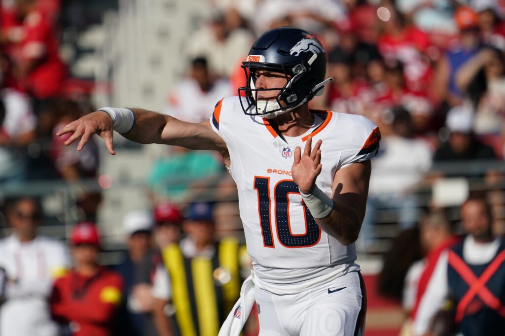 Aug 9, 2025; Santa Clara, California, USA; Denver Broncos quarterback Bo Nix (10) drops back to pass in the first quarter against the San Francisco 49ers at Levi's Stadium. Mandatory Credit: David Gonzales-Imagn Images