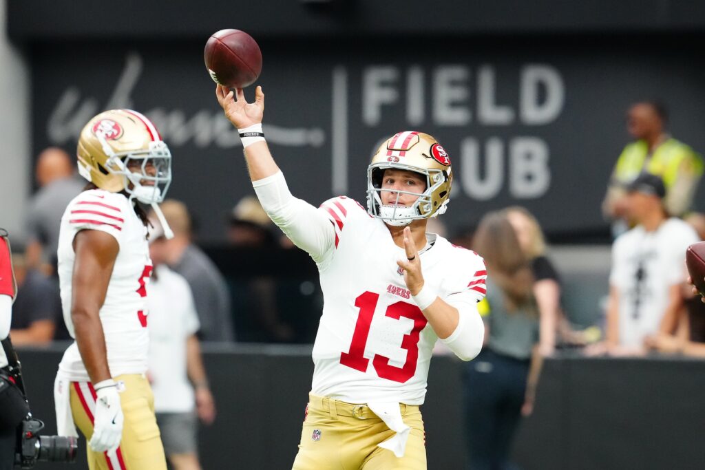 Aug 16, 2025; Paradise, Nevada, USA; San Francisco 49ers quarterback Brock Purdy (13) warms up before a preseason game against the Las Vegas Raiders at Allegiant Stadium. Mandatory Credit: Stephen R. Sylvanie-Imagn Images