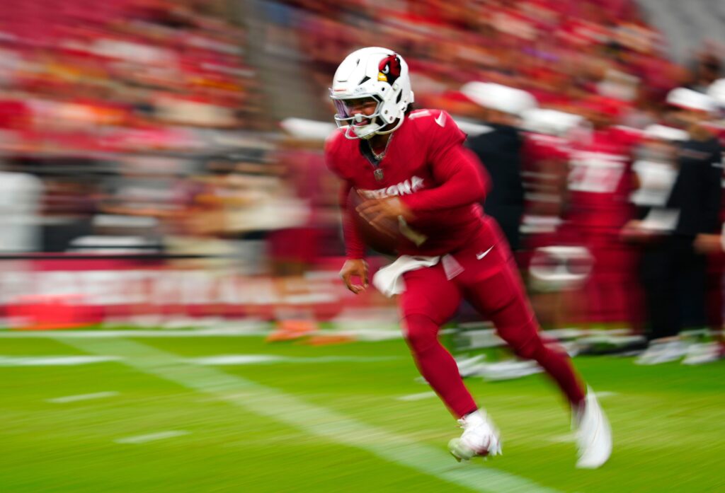 Cardinals quarterback Kyler Murray (1) runs in the backfield prior to a preseason game against the Chiefs at State Farm Stadium on Aug. 9, 2025, in Glendale.